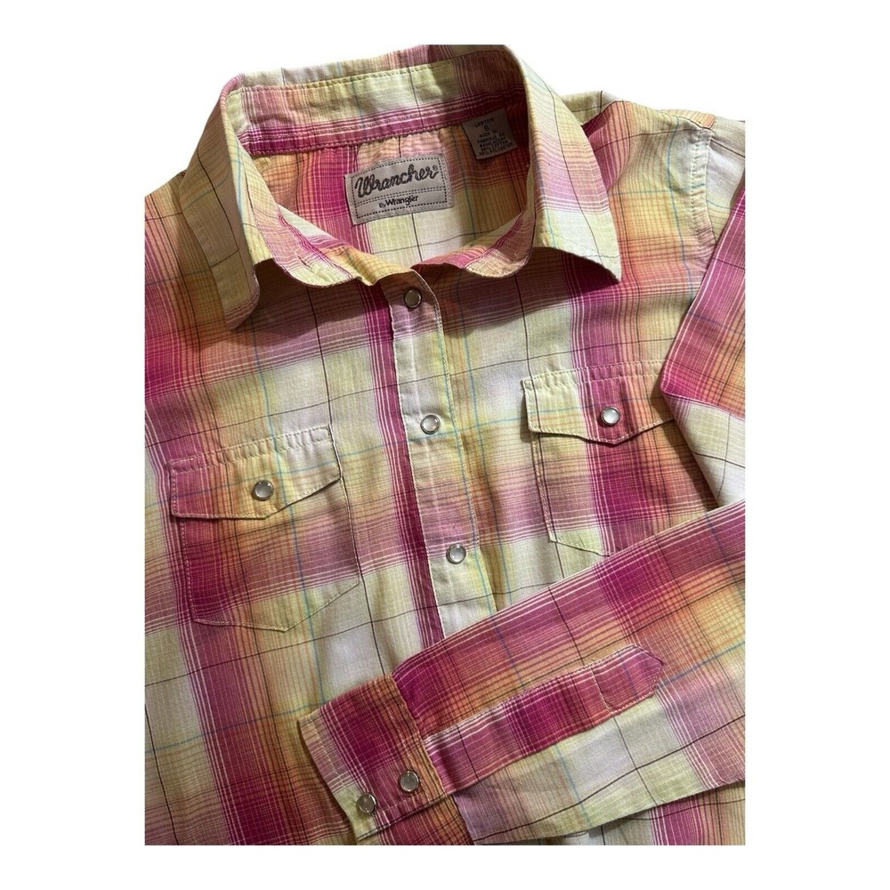 Wrangler Wrancher Pearl Snap Western Shirt Pink Yellow Plaid S WT43